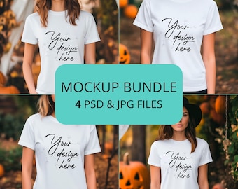 Bella Canvas 3001 Mulher Camisa Halloween Mockup Bundle, 4 arquivos PSD e JPEG, Camiseta Branca Outono Mockup Pack, Camisa Mockup Halloween