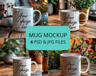 Pack de 4 maquettes de tasse, calques d'objets intelligents de maquette de tasse PSD et fichiers de maquette de tasse JPEG, maquette de tasse blanche, ensemble de maquettes de tasse de café vierge