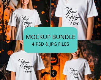 Pacote de mockup Halloween Bella Canvas 3001, 4 arquivos PSD e JPEG, mockup de Halloween de camiseta branca 3001, mockup de camiseta de Halloween psd