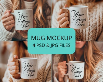 4 Photoshop and Canva mug mockup, Psd anf jpg coffee cup mockup files. Smart object layers. Cozy woman with mug mockup