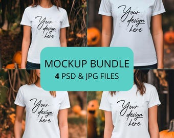 Gildan 5000 White Color T-Shirt Mockup Halloween Bundle, 4 PSD and JPEG files, Gildan 5000 Model Shirt Mockup Autumn. T shirt halloween mock