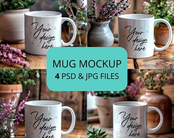 4 Blank Mug Mockup Pack, PSD an JPEG files, Smart object layers, white coffe cup mockup, ready to use in photoshop or photopea