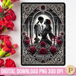 Ewige Liebe Gothic Skelett Tarot Karte PNG Romantische Dark Valentine Tarot Skelett Paar Tarotkarte Skelett Paar Tarot Karte PNG Dark Valentine