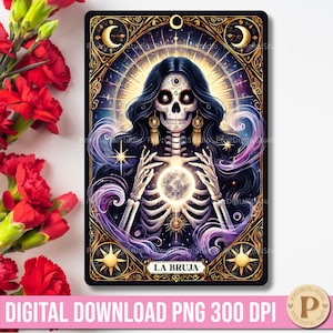 La Bruja Skeleton Tarot-Karte PNG Witchy Mexikanische Loteria-Stil Tarot Dia de los Muertos Tarot-Kunst Latein Hexe Frau PNG Mexikanisches Skelett