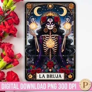 La Bruja Skeleton Tarot-Karte PNG Mexikanische Loteria-Stil-Tarot PNG Mexikanische Witchy Frau Tarot Witchy Skelett-Tarot-Karte Loteria-Karten PNG