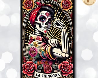 La Chingona Mexican Tarot Card PNG: Chola Skull Latina Skeleton