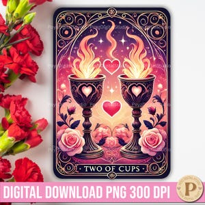 Dos de Copas Carta del Tarot PNG Parejas románticas Carta del Tarot de San Valentín PNG Clipart con temática de amor San Valentín místico Descargar Regalo de San Valentín DIY