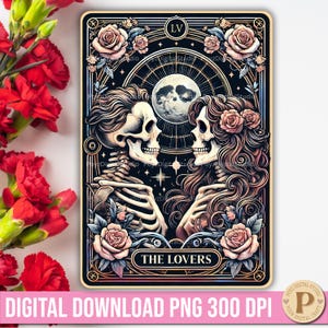The Lovers gotische tarotkaart PNG skelet paren tarotkaart gotische romantiek tarot downloaden donkere romantische tarotkunst holografische tarotkaarten