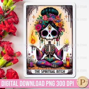 Die spirituelle Hündin lustige Tarot-Karte PNG, Skelett Tarot-Karte PNG, sarkastisches schwörendes Skelett, Witchy Skelett, mystisches Skelett,