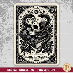 Stolzes Mitglied der Dark Romance Readers Society Gothic Skeleton Tarot-Karte PNG Dark Love Bookish PNG Gothic Reader Society Art Gothic Lover DIY