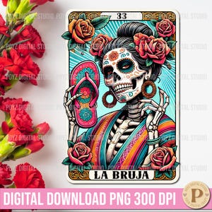 La Bruja Skeleton Tarot-Karte PNG, spanischer Erben-Tag der Toten Kunst, lustige mexikanische Hexe, spanischer Chola-Schädel, Tarotkarten-Illustration