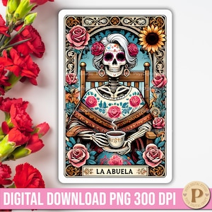 Carta del Tarot Esqueleto Mexicano La Abuela PNG / Descarga Digital del Día de los Muertos / Arte Divertido del Tarot Esqueleto / Calavera Chola Mexicana PNG