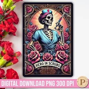 Lustige Skelett Krankenschwester Tarot Karte PNG, Held in Scrubs Digital Art, Gothic Krankenschwester Tarot PNG Humor Krankenschwester Leben Digitale Kunst Tarotkarte Illustrativ