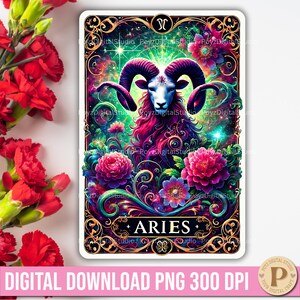 May include: A digital illustration of the zodiac sign Aries. The image features a ram with a white face and pink fur, surrounded by colorful flowers and a swirling galaxy background. The text "ARIES" is written in gold lettering at the bottom of the image.