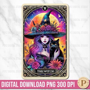 Die Hexe Tarot Karte PNG, Gothic Hexe Tarot Karte, hübsche Witchy Vibes Wicca Pagan schwarze Katze Coole Tarot PNG, Tarot Karte illustrativ