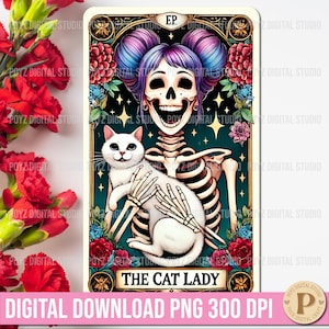 Die Katzenlady-Tarot-Karte PNG, Gothic Skeleton Tarot-Kartendesign, lustige Geschenke für Katzenliebhaber, Witchy Cat png, Okkultes Tarot, Tarotkarte illustrativ