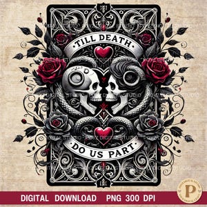 Bis der Tod uns scheidet Gothic Skeleton Tarot-Karte PNG Dark Love Valentine Tarot-Kunst Romantisches Paar Tarot-Karte Skelettpaar Valentine PNG