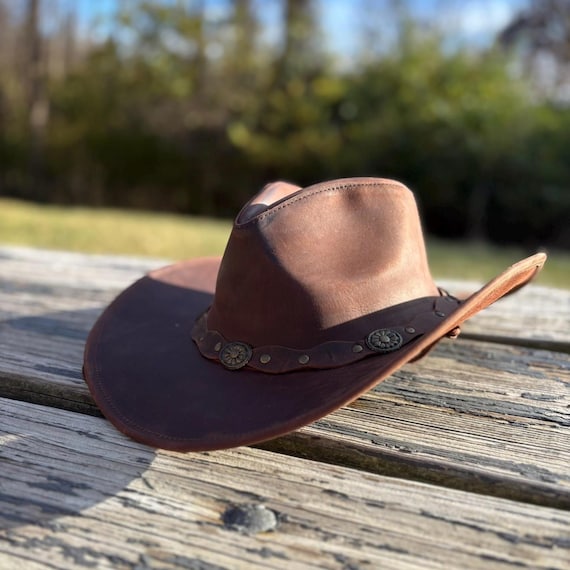 Handmade Buffalo Leather Cowboy Hat: Wide Brim, Distressed Finish