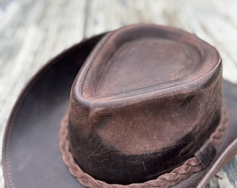 Handmade Buffalo Leather Cowboy Hat: Unisex Distressed Brown