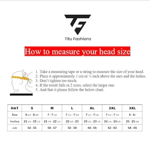 May include: A white background with the Titu Fashions logo and text that reads "How to measure your head size." Instructions and a hat size chart are included, with measurements in inches and centimeters.