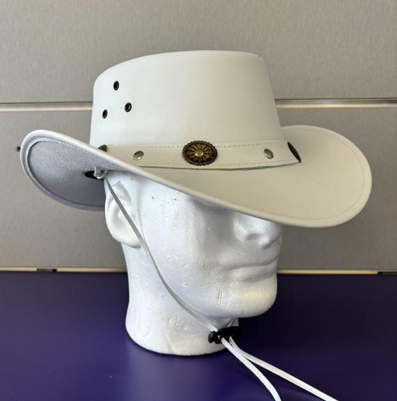 White Cowgirl Hat with Brown Leather Hat Band and Shapable Brim Brown Tooled Leather Hat Band - Jones – Willow Lane Hat Co main image 4