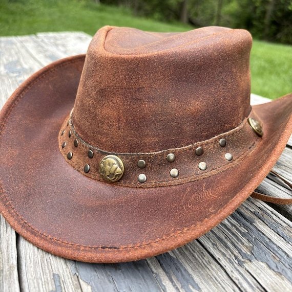 Distressed Leather Cowboy Hat: Western Style Buffalo Coin 