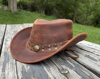Distressed Leather Cowboy Hat: Western Style Buffalo Coin Hat