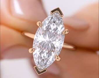 Anello di fidanzamento in Moissanite con taglio marchesa, Anello nuziale solitario, Anello nuziale per anniversario, Anello in oro 10k/14k/18k Classico set di punte a V