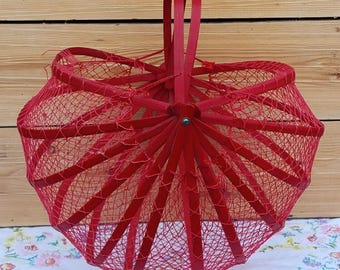 Antique Red Japanese Bamboo Basket Handbag, Mid-Century Collapsible Fishnet & Bamboo Purse, Folding Accordion Tote