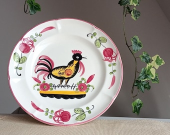 assiette coq vintage, peinte à la main, assiette en céramique française ancienne des années 1950, décoration vintage française de style rustique, cadeau de pendaison de crémaillère, coq français