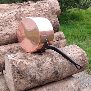 May include: A copper pot with a black handle. The pot is resting on a stack of logs.