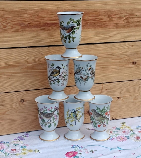 Französisches Vintage-Porzellan-Tassen-Set - Oiseaux Chanteurs De L'Germany, Limited Edition Geschirr zum Thema Vogel, 1980er Jahre