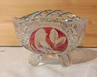 Vintage Crystal Rose Bowl Vase with Red Bird – Mid Century Hand-Cut Elegance