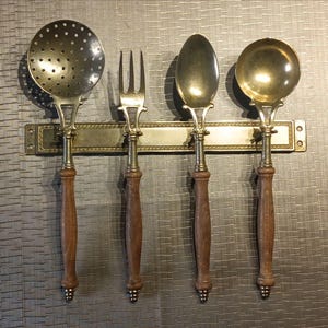 Antique Kitchen Utensils Mid Century, Set 4 Vintage French Kitchen Utensils Fork, Spoon, Ladle, Skimmer, Decor to Hang on the Wall, Utensils