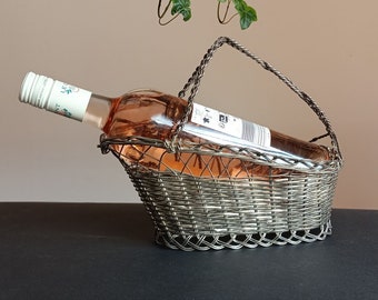 panier à bouteilles de vin vintage, porte-bouteille ancien, support pour bouteille de vin en métal argenté, panier à vin, milieu du siècle, style campagnard français, décoration