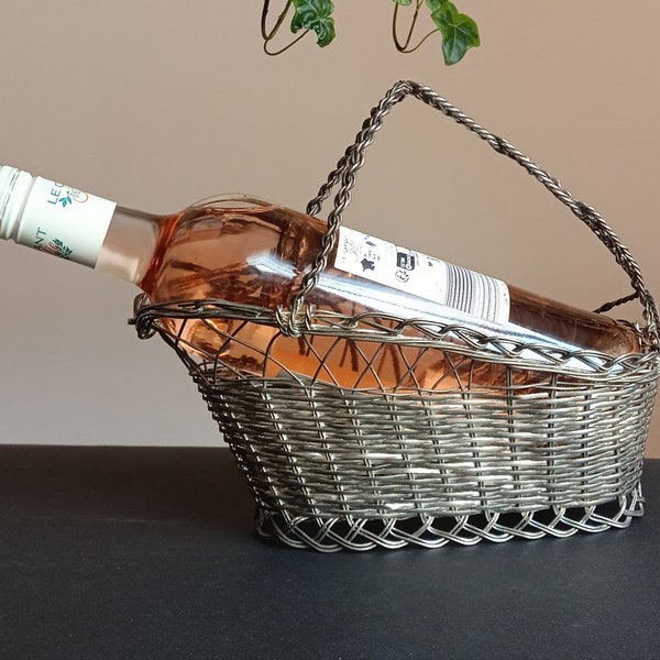 Vintage Wine Bottle Basket, Antique Bottle Holder, Silver Plated Wine Bottle Stand, Wine Basket, Mid Century, French Country Style, Decor