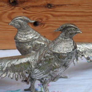 Vintage Pair of Silver-Plated Pheasant Roosters – Mid-Century, Antique Pheasant Rooster Figurines for Fireplace Mantel, Gift for Bird Lover