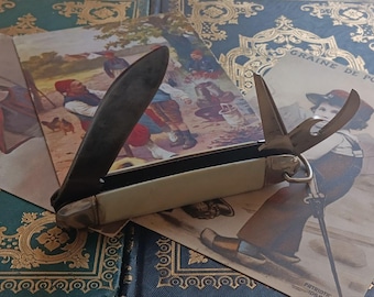 Vintage Metal Pocket Knife With Bone Pads, Antique Pen Knife, Folding Knife Mid Century, Penknives Pocket Knives With Bone Pads, Collectible