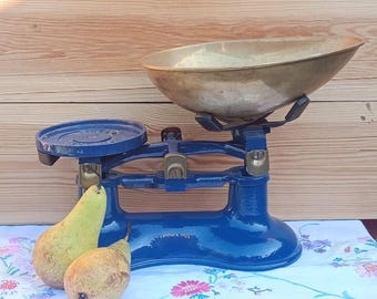 Vintage Balance Scales Mid Century, Rustic Kitchen or Apothecary Decor, Antique Weighing Scales with Brass Bowl, Victor England Blue, 1980
