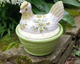 Vintage Ceramic Terrine Dish, Antique Green Majolica Chicken on Nest, Kitchen Decor, Hand Painted, Made in Portugal