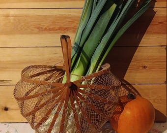 Antique Japanese Bamboo Basket Handbag, Mid-Century Collapsible Fishnet & Bamboo Purse, Folding Accordion Tote