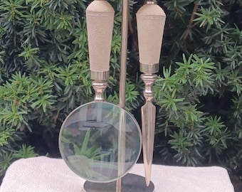 Vintage Magnifying Glass and Letter Opener, Antique Magnifying Glass and Letter Opener, Mid Century, Desk Decor, Leather Covered Handle,1970
