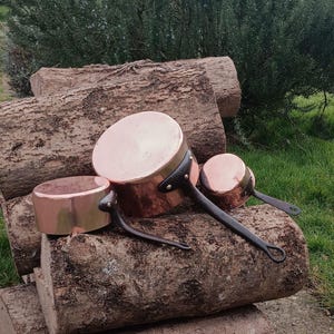 3 vintage koperen potten halverwege de eeuw, antieke kookpotten koperen set van 3, koperen pan, koperen gebruiksvoorwerpen, keukendecor, housewarmingcadeau
