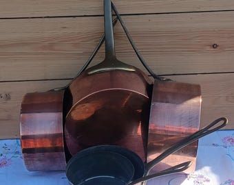 Mid Century Copper Pot Set – 5 Vintage French Copper Pots with Brass Handles