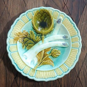 Vintage Barbotine Artichoke and Asparagus Majolica Plate, Antique French Barbotine Plate, Green, Purple, and Blue Asparagus Plate 19th 20th