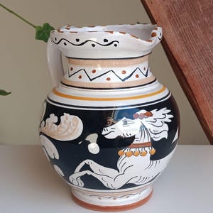 Antique Deruta Pottery Pitcher Mid Century, Vintage Italian Majolica Jug from Siena, Ceramic Pitcher With Etruscan Motif, Augusta Deruta