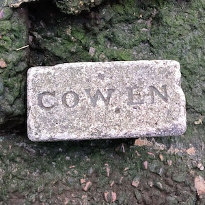 May include: A rectangular stone brick with the word "COWEN" carved into it. The brick is a light grey colour and shows signs of weathering. The background is a mix of green moss and rough, dark stone.