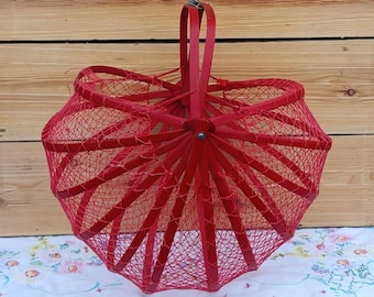 Antique Japanese Bamboo Basket Handbag, Mid-Century Collapsible Fishnet & Bamboo Purse, Folding Accordion Tote