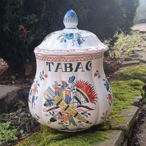 Vintage Ceramic Tobacco Storage Jar with Hand Painted - Tabac, Antique Ceramic Pipe Tobacco Jar with Lid, Collectibles Tobacco, Office Decor