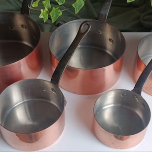 Vintage Copper Pots, Set of 5 Antique Cooking Pots Copper, Copper Pan, Mid Century, Copper Utensils, Kitchen Decor, Housewarming Gift